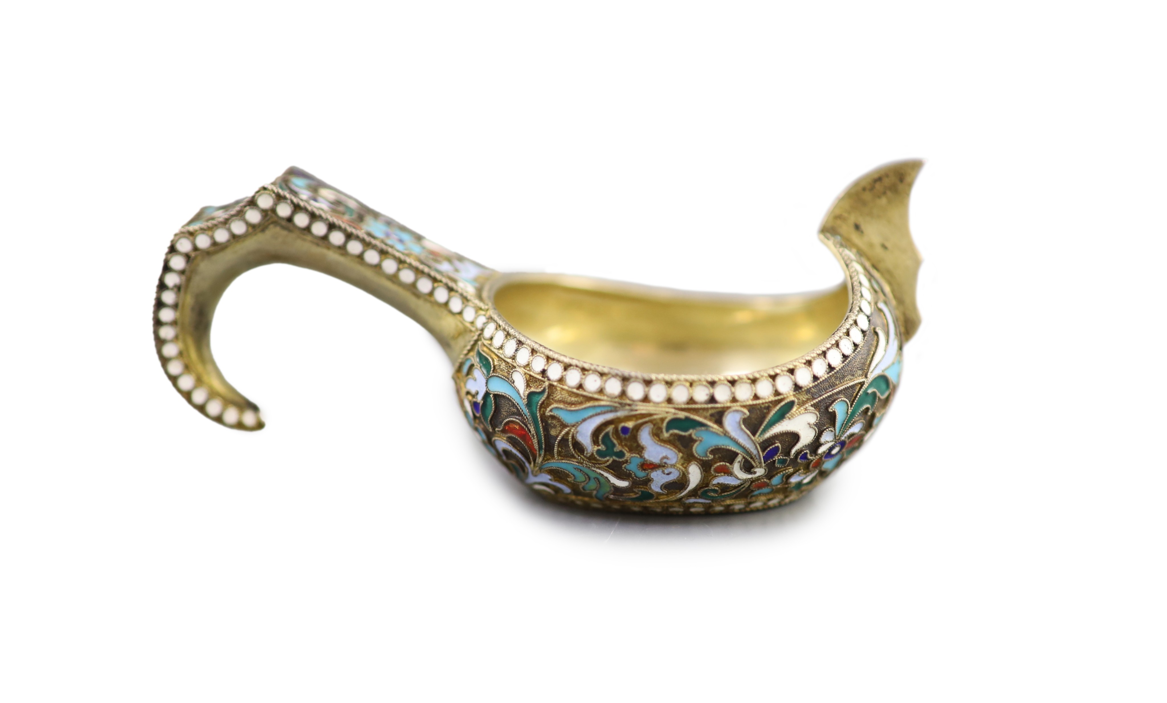 An early 20th century Russian 84 zolotnik silver and cloisonne enamel kovsh